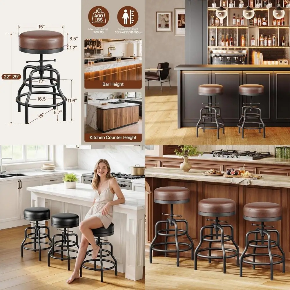 Set of 3 Adjustable Swivel Bar Stools, 22-29 Inch Vintage Industrial Counter Height, Thick Leather Seats, Padded Footrests, Brow
Set of 3 Adjustable Swivel Bar Stools, 22-29 Inch Vintage Industrial Counter Height, Thick Leather Seats, Padded Footrests, Brow