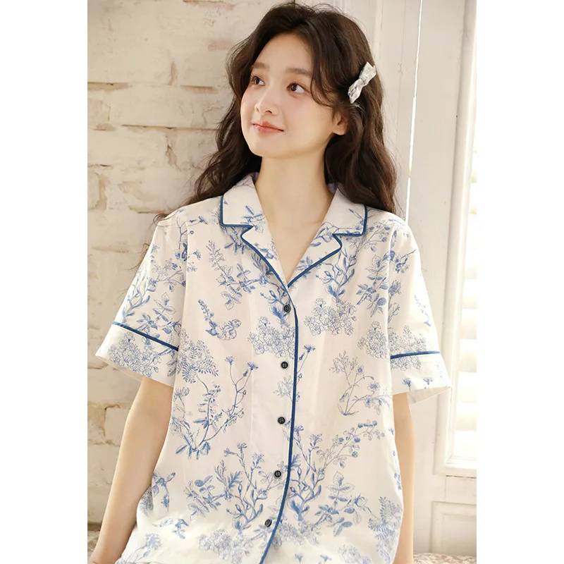 Fashion Soft Cotton Pajamas Sets For Women Summer Spring Loose Delicate Blue Floral Long Pants Nightwear Home Clothes
Fashion Soft Cotton Pajamas Sets For Women Summer Spring Loose Delicate Blue Floral Long Pants Nightwear Home Clothes