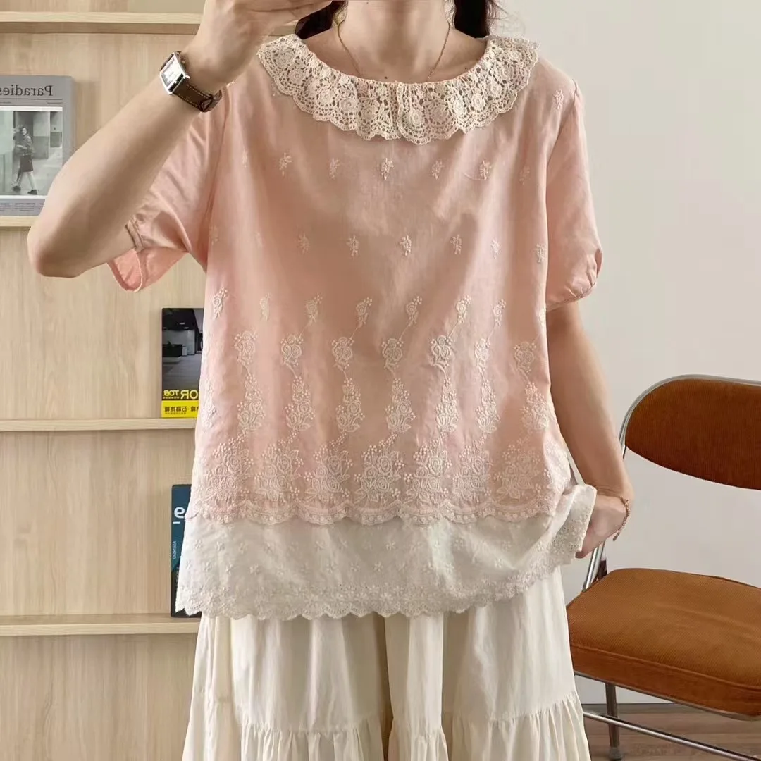 Japanese Sweet Lolita Lace Embroidery Patchwork Shirts Women Summer Elegant O-Neck Short Sleeve Casual Loose Blouse Tops
Japanese Sweet Lolita Lace Embroidery Patchwork Shirts Women Summer Elegant O-Neck Short Sleeve Casual Loose Blouse Tops
