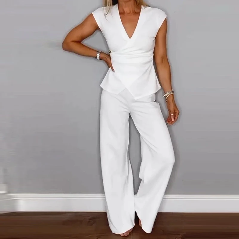 Women's Fashion Commuter Solid Two Piece Set Sexy V-neck Sleeveless Tops and Long Pant Outfits Elegant Waist Button Office Suit
Women's Fashion Commuter Solid Two Piece Set Sexy V-neck Sleeveless Tops and Long Pant Outfits Elegant Waist Button Office Suit
