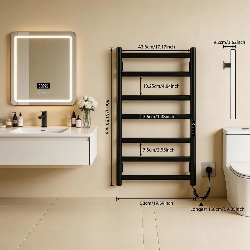 Электрический полотенцесушитель настенный для ванной, 7 секций, 150 Вт, 800x500 мм, с сенсорным таймером
Электрический полотенцесушитель настенный для ванной, 7 секций, 150 Вт, 800x500 мм, с сенсорным таймером