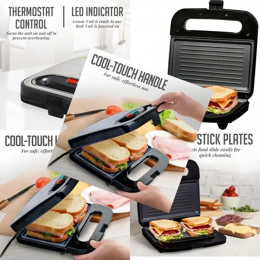 Electric Panini Press Grill With Nonstick Plates LED Indicator Lights Thermostat Control Cool Touch Handle Compact Sandwich
Electric Panini Press Grill With Nonstick Plates LED Indicator Lights Thermostat Control Cool Touch Handle Compact Sandwich