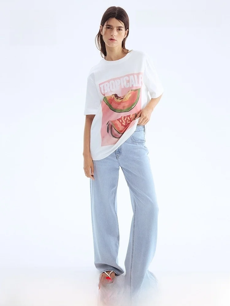 Casual Summer Women's T-shirt Short Sleeve Beaded Print Pattern round Neck Cotton 100% H&M Edition Series Fashion Ladies Top
Casual Summer Women's T-shirt Short Sleeve Beaded Print Pattern round Neck Cotton 100% H&M Edition Series Fashion Ladies Top