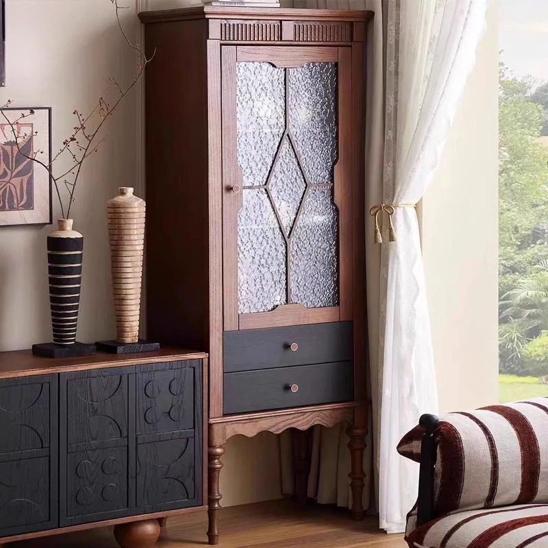 French retro solid wood carving flower wine cabinet medieval against the wall, corner cabinet two-color glass display cabinet
French retro solid wood carving flower wine cabinet medieval against the wall, corner cabinet two-color glass display cabinet