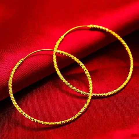 Large Round Hoop Earrings Women's 24K Gold AU999 - Sleek plain hoops, face-framing round, 24K texture, AU999 authentic