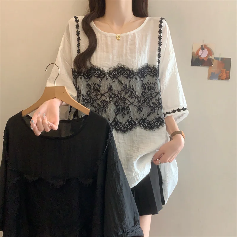 Summer New Plus Size Women's Design Sense Casual Lace Fake Two-Piece Unique Short Sleeve Trend
Summer New Plus Size Women's Design Sense Casual Lace Fake Two-Piece Unique Short Sleeve Trend