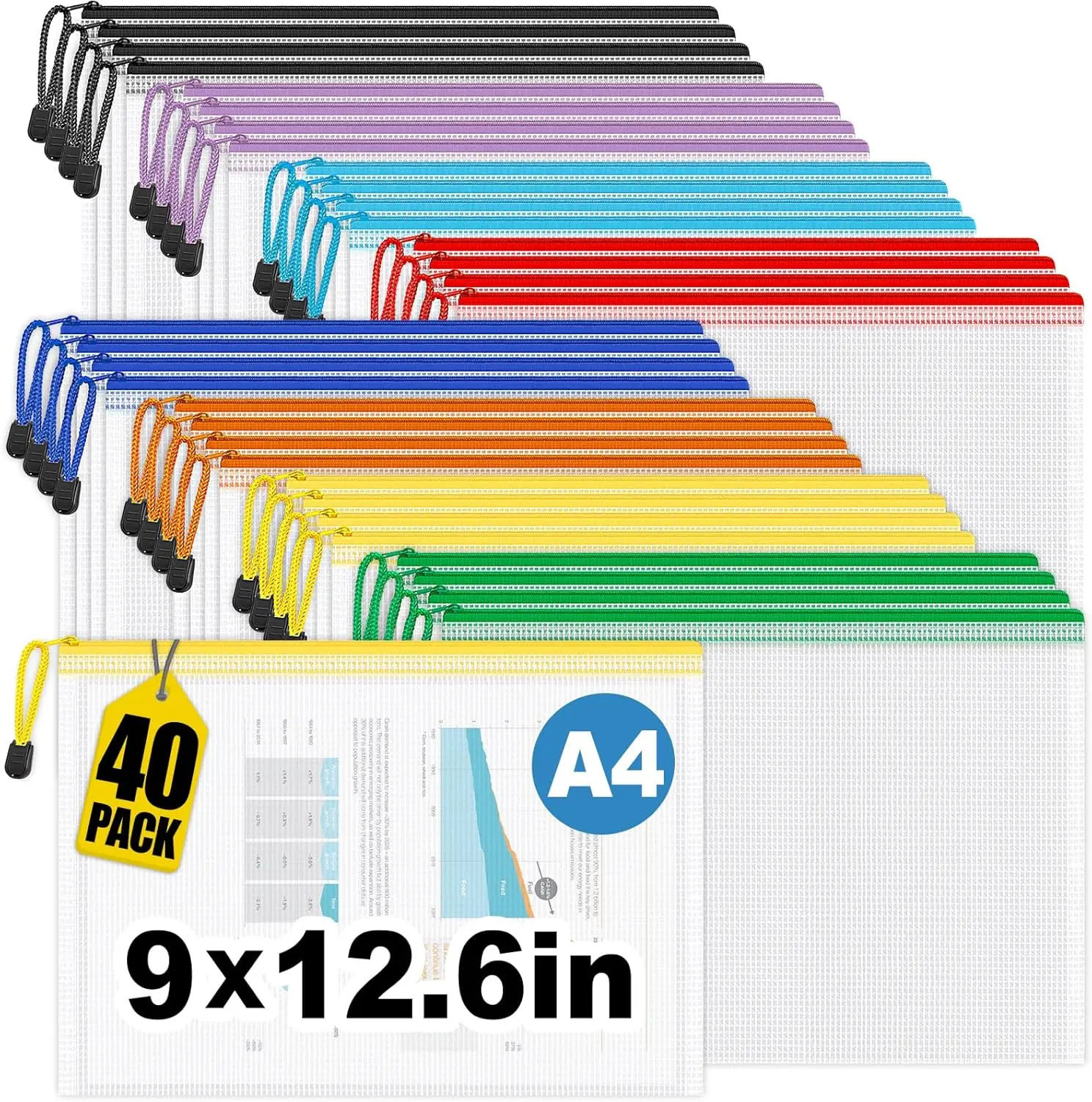 40 Pack Mesh Zipper Pouch Bags, A4 Size, 8 Colors, Waterproof File Folders for Office School Home Storage
40 Pack Mesh Zipper Pouch Bags, A4 Size, 8 Colors, Waterproof File Folders for Office School Home Storage