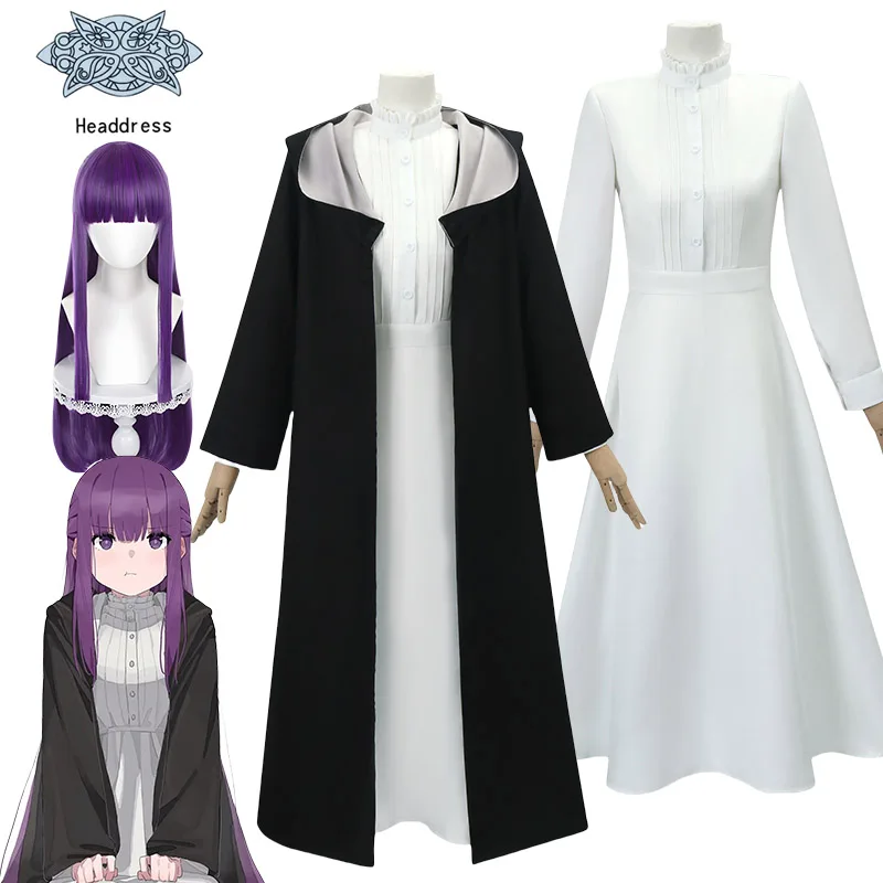 Костюм для косплея папоротника, аниме Frieren: Beyond Journey's End, костюм для косплея, белое длинное платье и черный халат, фиолетовый парик, головной убор 
Костюм для косплея папоротника, аниме Frieren: Beyond Journey's End, костюм для косплея, белое длинное платье и черный халат, фиолетовый парик, головной убор