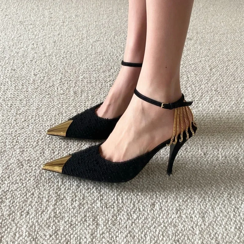 High Heels Black 2025 Spring New Pointed Metal Chain Sandals for Women with A Buckle Sexy Slim Heel Shoes
High Heels Black 2025 Spring New Pointed Metal Chain Sandals for Women with A Buckle Sexy Slim Heel Shoes
