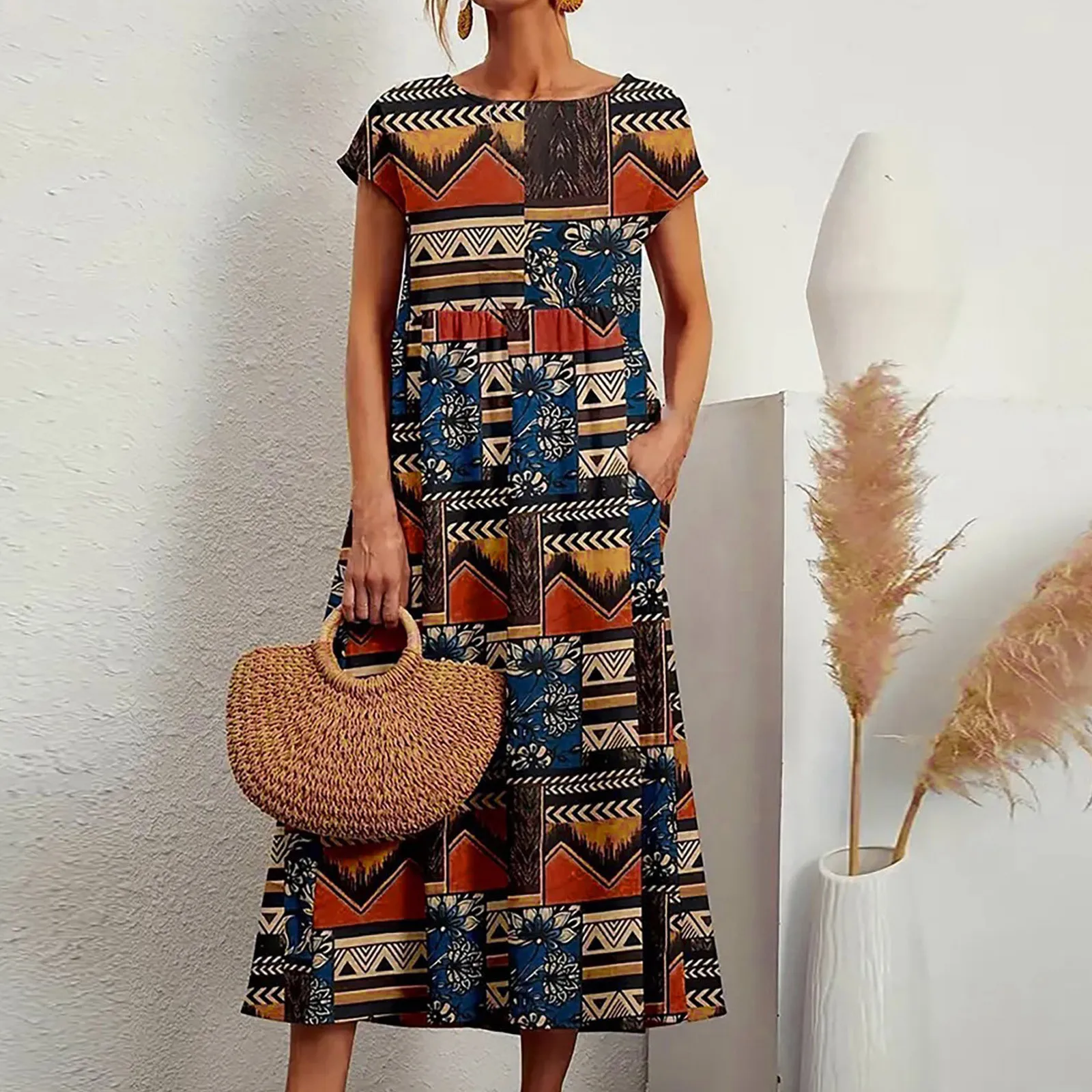 New Fashion Dress Women's Loose Short Sleeve O-Neck Print Summer Dresses Vintage Print O-neck Fold With Pockets Elegant Dress
New Fashion Dress Women's Loose Short Sleeve O-Neck Print Summer Dresses Vintage Print O-neck Fold With Pockets Elegant Dress