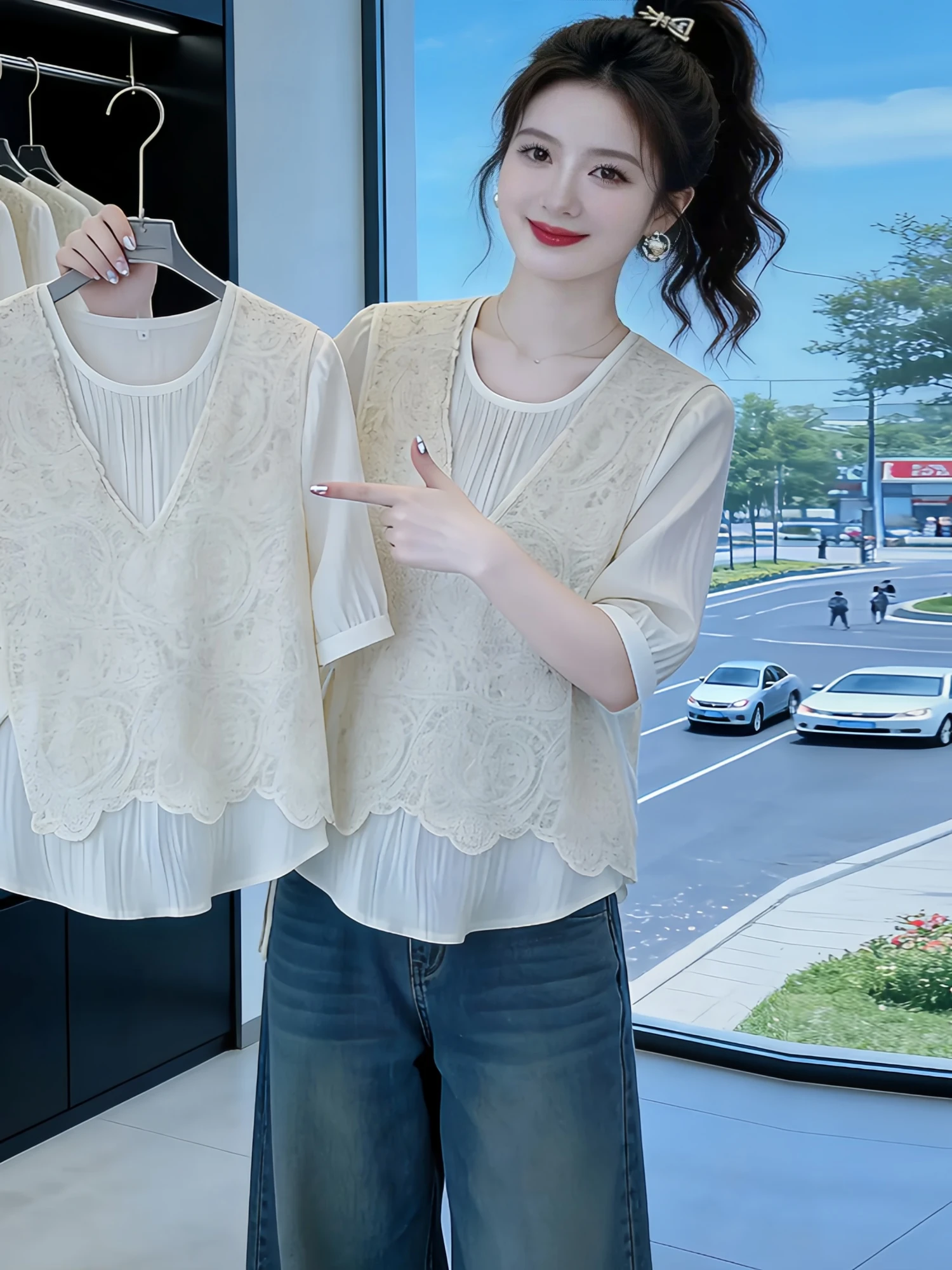 Ladies' Casual Style Loose Fit Short Sleeve Embroidered Lace Shirt Summer New Arrival Elegant Lady Wind Fake Two-Piece Design
Ladies' Casual Style Loose Fit Short Sleeve Embroidered Lace Shirt Summer New Arrival Elegant Lady Wind Fake Two-Piece Design