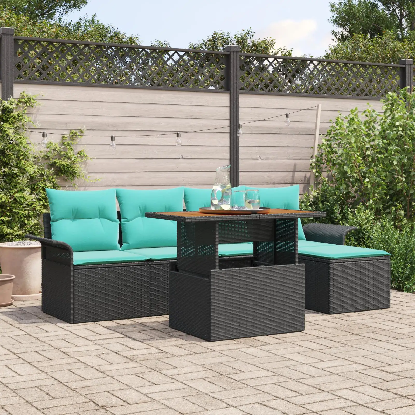 6 Piece Outdoor Patio Sofa Set with Cushions Black Rattan and Acacia Furniture
6 Piece Outdoor Patio Sofa Set with Cushions Black Rattan and Acacia Furniture