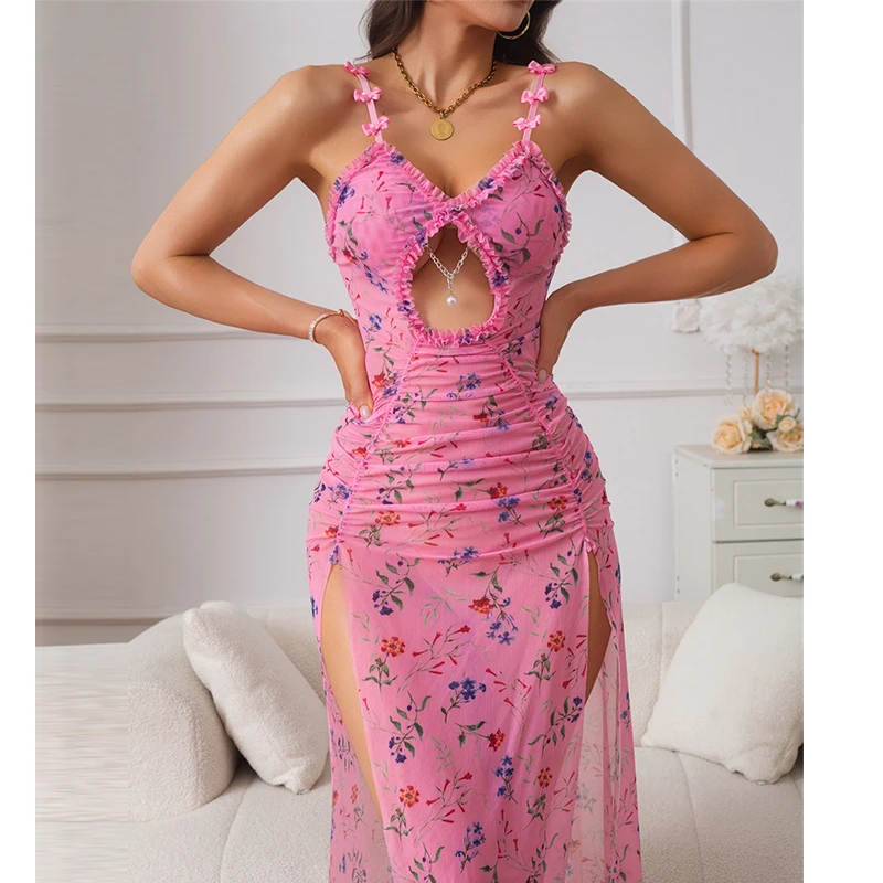 Summer Night Dress Women Print Sleepwear Double Side Slit Sexy Nightwear Sweet Bow Suspender Pajamas Dress Thin Mesh Nightgown
Summer Night Dress Women Print Sleepwear Double Side Slit Sexy Nightwear Sweet Bow Suspender Pajamas Dress Thin Mesh Nightgown