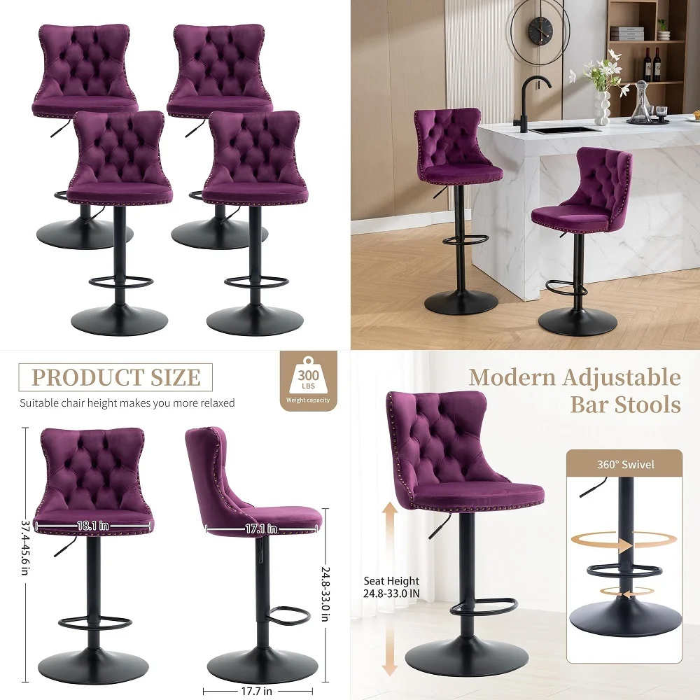 Bar Stools Set of 4, Adjustable Upholstered Counter Height Barstools with Back and Black Footrest, Modern Velvet Swivel Barstoo
Bar Stools Set of 4, Adjustable Upholstered Counter Height Barstools with Back and Black Footrest, Modern Velvet Swivel Barstoo