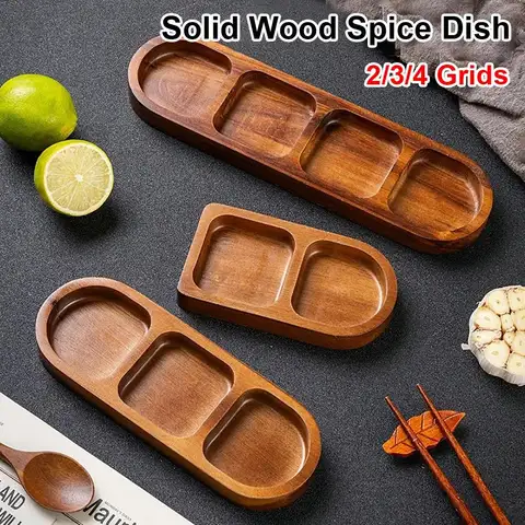 1Pcs Durable 2/3/4 Grids Solid Wood Tray Wooden Retro Seasoning Tray Spice Dish Kitchen Dinner