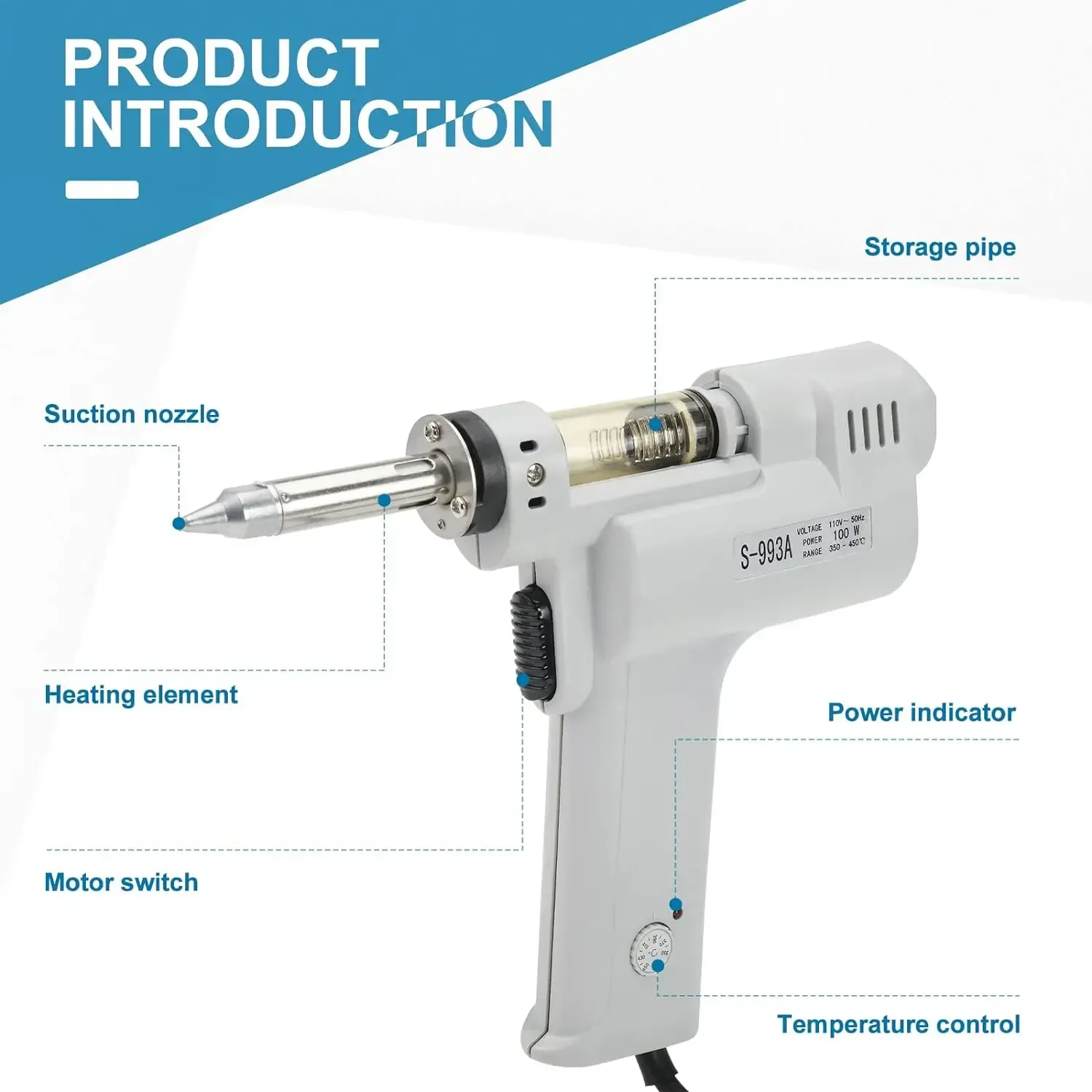 Desoldering Gun S-998P Double Air Pump Electric Desolder Gun Vacuum Pump Solder Sucker Gun 100W 350~450°c
Desoldering Gun S-998P Double Air Pump Electric Desolder Gun Vacuum Pump Solder Sucker Gun 100W 350~450°c