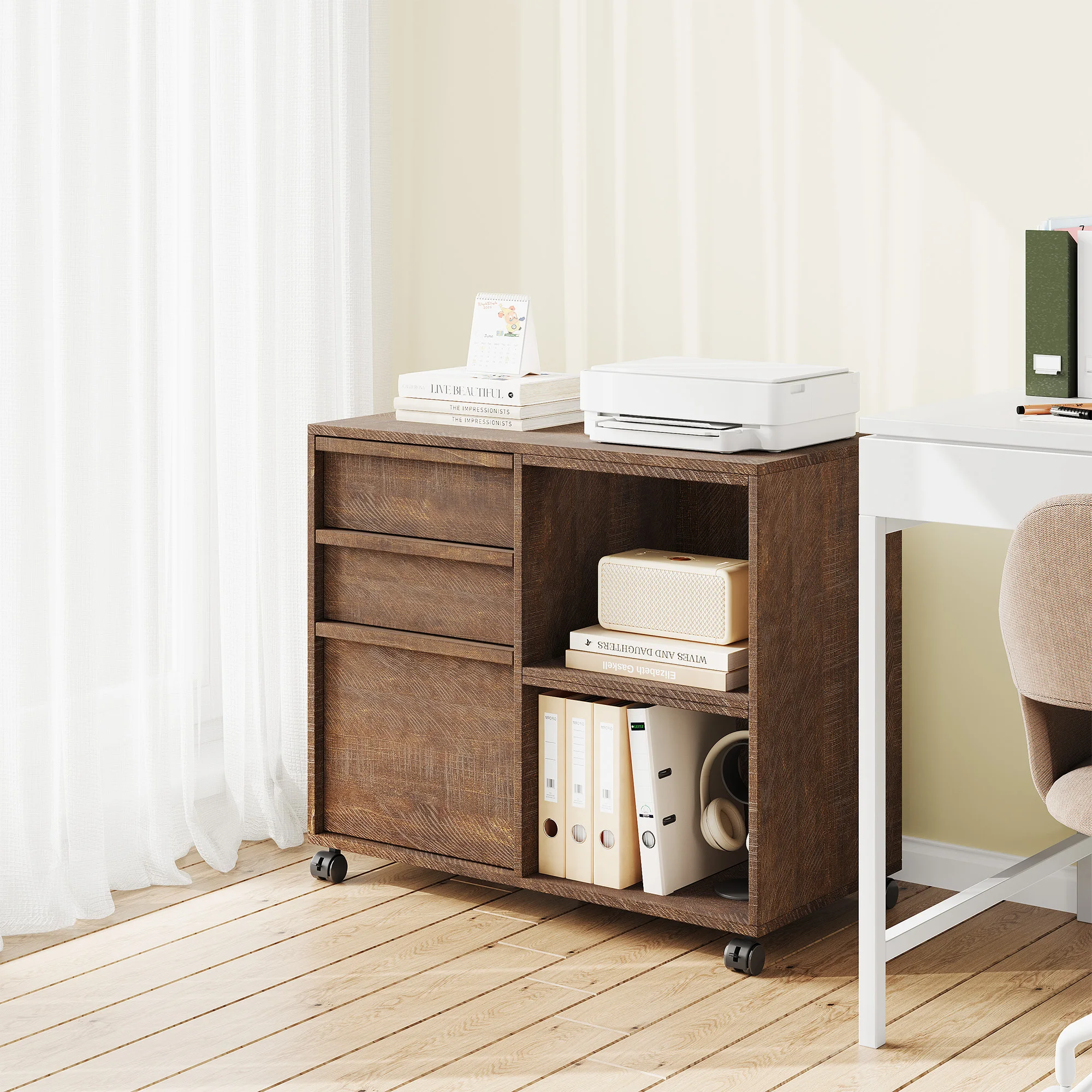 3 Drawer File Cabinet with Open Storage Shelves, Rolling Lateral Filing Cabinet for Letter/A4 Files, Mobile Printer Stand with Wheels, Wood Office Storage Cabinet for Home Office
3 Drawer File Cabinet with Open Storage Shelves, Rolling Lateral Filing Cabinet for Letter/A4 Files, Mobile Printer Stand with Wheels, Wood Office Storage Cabinet for Home Office