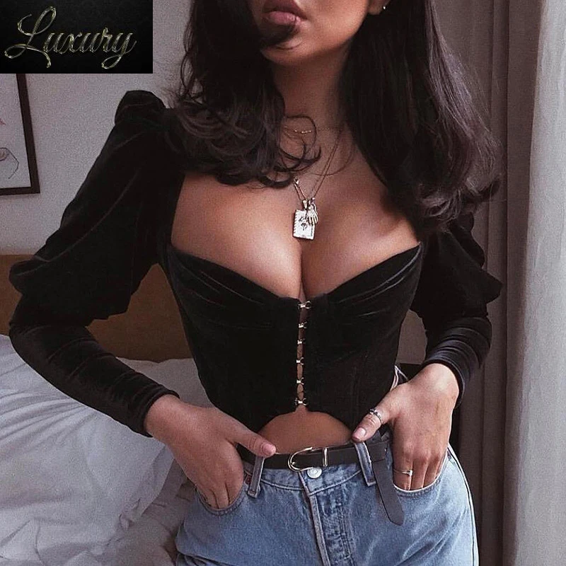 Sexy Deep V-neck Black Flannel Crop top Women Elegant Bubble Sleeve Skinny Bodycon Bandage Tees Tank Top Corset Clubwear
Sexy Deep V-neck Black Flannel Crop top Women Elegant Bubble Sleeve Skinny Bodycon Bandage Tees Tank Top Corset Clubwear