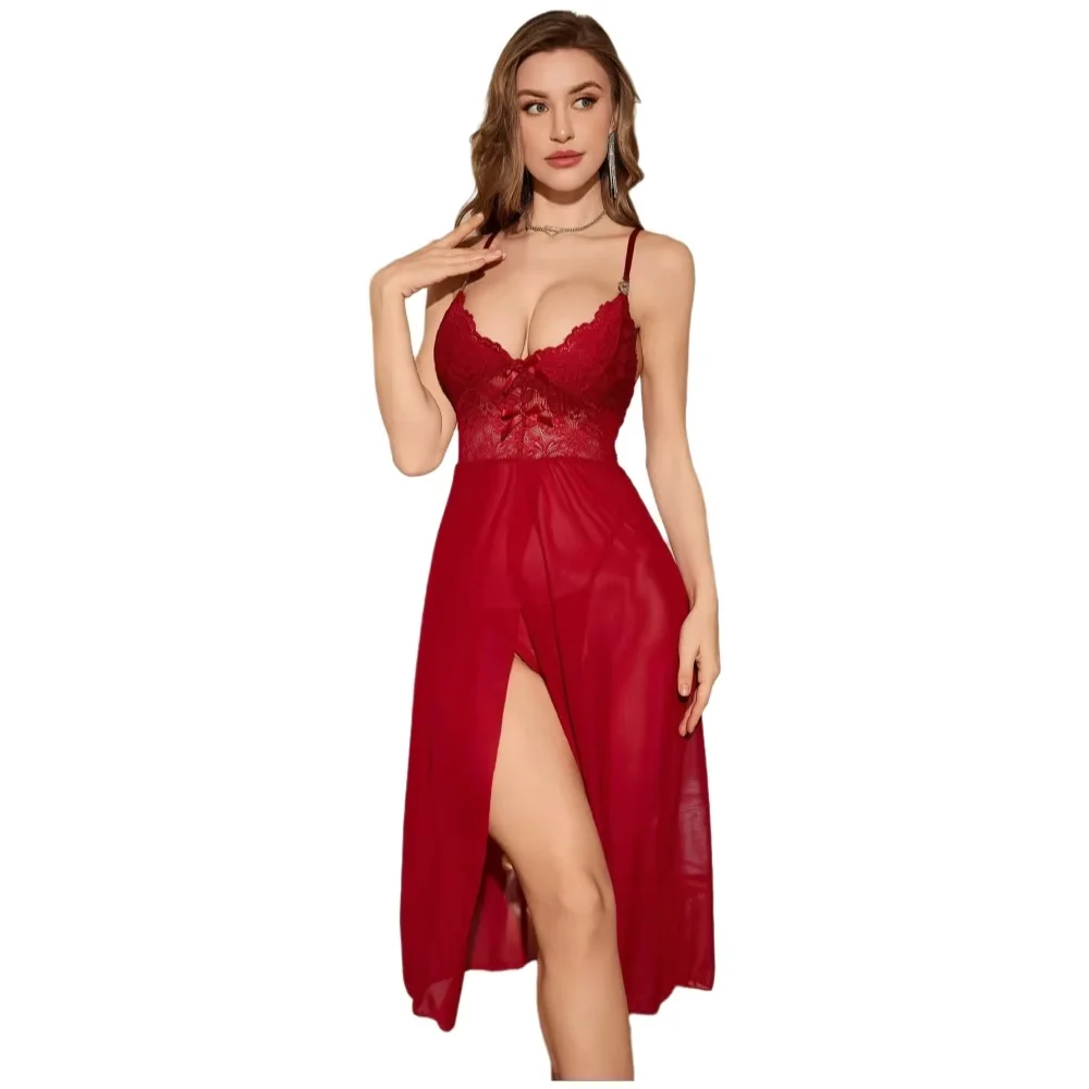Sexy Lace Solid Women Sling Sleepwear Underwear Mesh Lingerie Deep V Side Slit Sleeveless Female Fashion Robe Dress Nightwear
Sexy Lace Solid Women Sling Sleepwear Underwear Mesh Lingerie Deep V Side Slit Sleeveless Female Fashion Robe Dress Nightwear