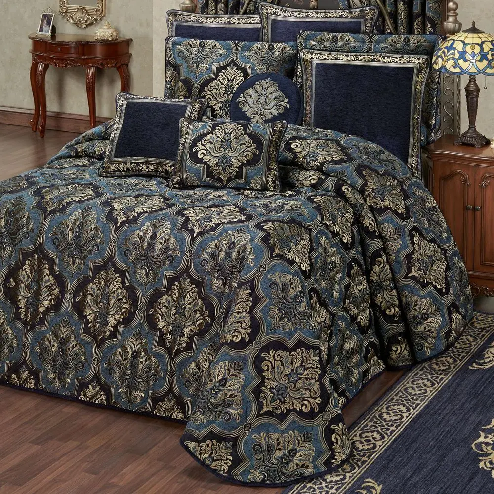 Traditional Luxury Bedding Metallic Gold JacquardWoven Damask Medallions Navy, Blue, and Indigo Chenille 3 Piece Bed Set Includ
Traditional Luxury Bedding Metallic Gold JacquardWoven Damask Medallions Navy, Blue, and Indigo Chenille 3 Piece Bed Set Includ
