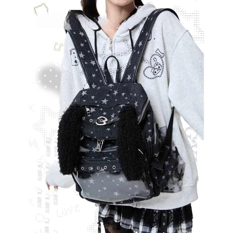 Black Star Print Denim Ita Backpack, Clear Window Bag with Furry Ear Decor & Belt Buckle Y2K Punk Style Rucksack for Pin Display
Black Star Print Denim Ita Backpack, Clear Window Bag with Furry Ear Decor & Belt Buckle Y2K Punk Style Rucksack for Pin Display