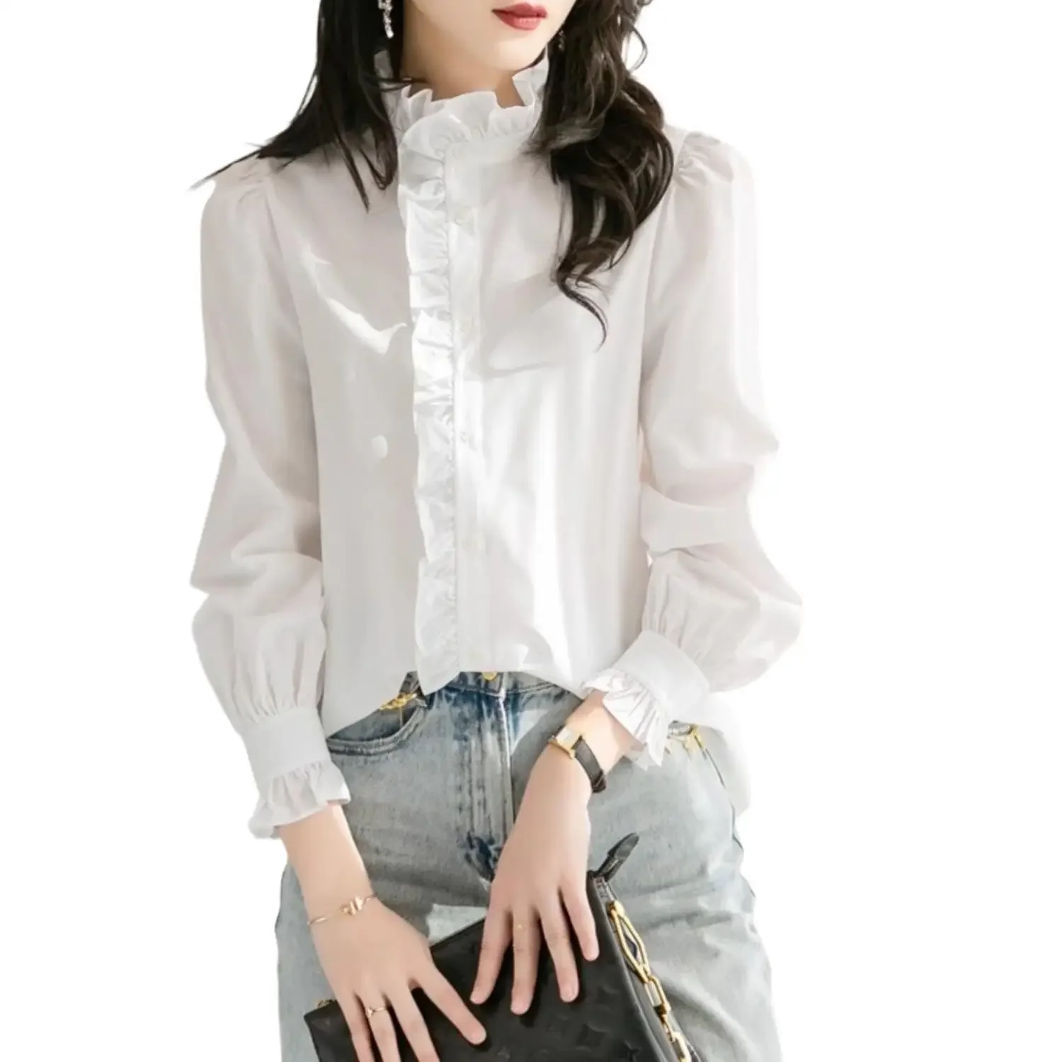 Женская блузка с длинным рукавом, воротником-стойкой, белая, весна-осень, французский элегантный стиль, однотонная, с оборками и пуговицами
Женская блузка с длинным рукавом, воротником-стойкой, белая, весна-осень, французский элегантный стиль, однотонная, с оборками и пуговицами