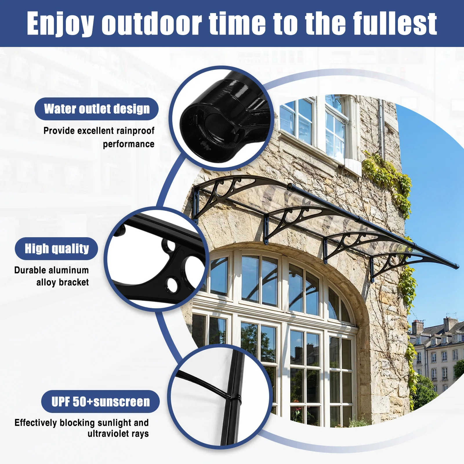 Awning for Door Entrance with Aluminum Alloy Bracket Door Awnings Exterior with Drainage Sink for Rain Snow Sunlight Protection
Awning for Door Entrance with Aluminum Alloy Bracket Door Awnings Exterior with Drainage Sink for Rain Snow Sunlight Protection