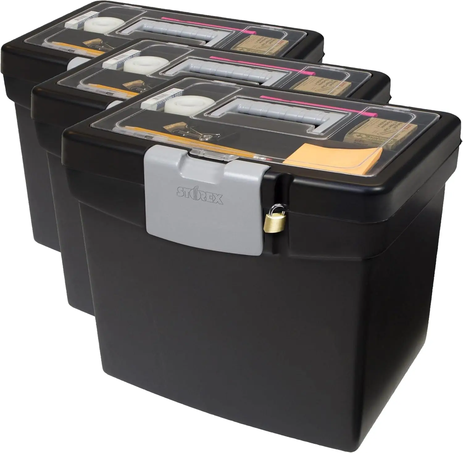 Portable File Box with XL Lid, Holds Letter Size Hanging Folders, Impact-Resistant Plastic, Black Pack of 3
Portable File Box with XL Lid, Holds Letter Size Hanging Folders, Impact-Resistant Plastic, Black Pack of 3
