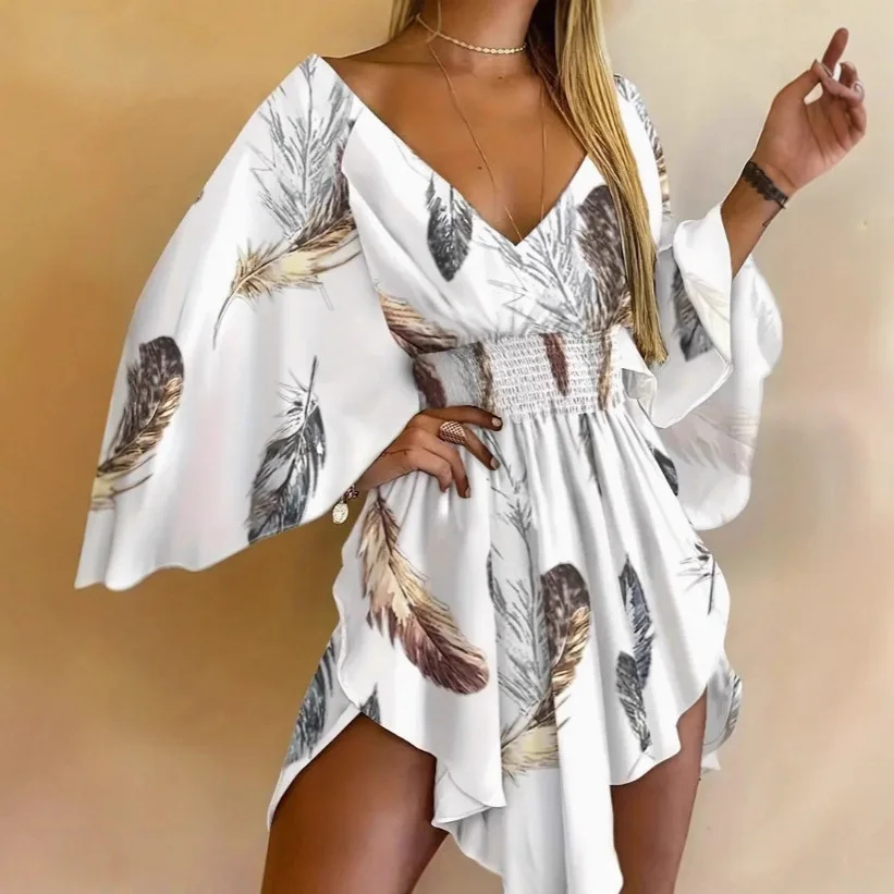 European and American women's V-neck flared sleeve dress with feather print, elastic waist and irregular hem
European and American women's V-neck flared sleeve dress with feather print, elastic waist and irregular hem