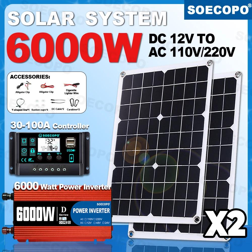 SOECOPO 6000W Camping Caravan Solar System Kit DC 12V - AC 110V/220V Inverter Solar Panels Complete House Kit USB 5V/1.5A Panel 
SOECOPO 6000W Camping Caravan Solar System Kit DC 12V - AC 110V/220V Inverter Solar Panels Complete House Kit USB 5V/1.5A Panel
