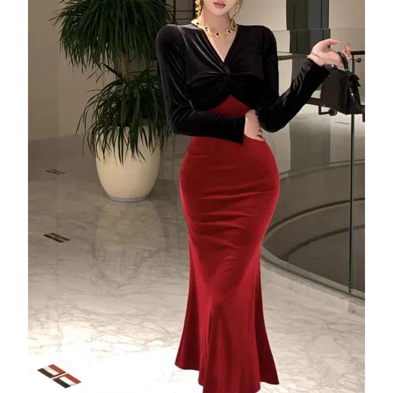 Temperament Slim Contrast Ladies Dresses Spring Autumn New Long Sleeve V Neck Elegant Midi Dress Fashion Korean Women Clothing
Temperament Slim Contrast Ladies Dresses Spring Autumn New Long Sleeve V Neck Elegant Midi Dress Fashion Korean Women Clothing