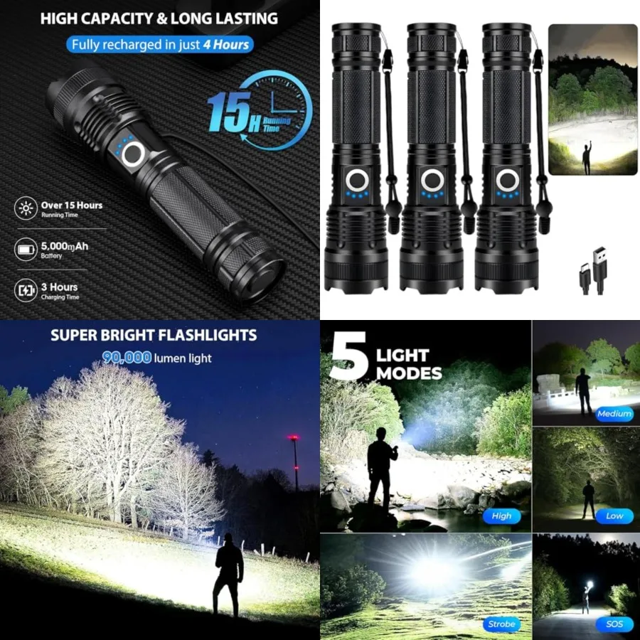 3 Pack Rechargeable Flashlight High Lumens, 99, 000 Lumens Super Bright LED Flashlights with Adjustable Focus, 5 Modes, IPX7 Wa
3 Pack Rechargeable Flashlight High Lumens, 99, 000 Lumens Super Bright LED Flashlights with Adjustable Focus, 5 Modes, IPX7 Wa