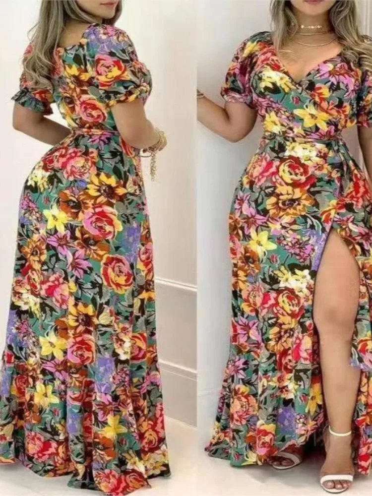 2024 New Women Floral Dress Summer Sexy V-neck Short Sleeve Lace-up Slim High Split A-line Long Dresses Holiday Party Dress Robe
2024 New Women Floral Dress Summer Sexy V-neck Short Sleeve Lace-up Slim High Split A-line Long Dresses Holiday Party Dress Robe