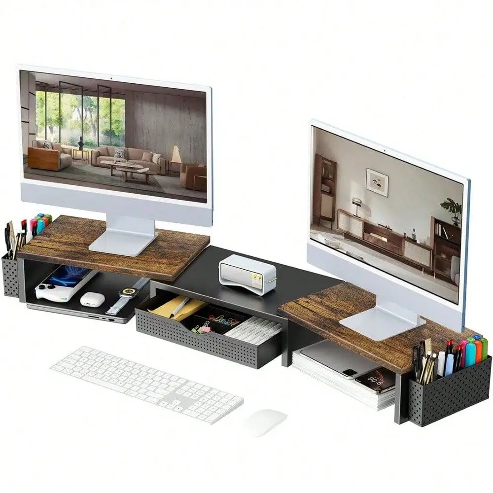 Stand Riser With Drawer, Dual TV Shelf No Assembly, Heavy Duty Metal, Magnetic Pen Holders, For Computer Desk Or Entertainment
Stand Riser With Drawer, Dual TV Shelf No Assembly, Heavy Duty Metal, Magnetic Pen Holders, For Computer Desk Or Entertainment