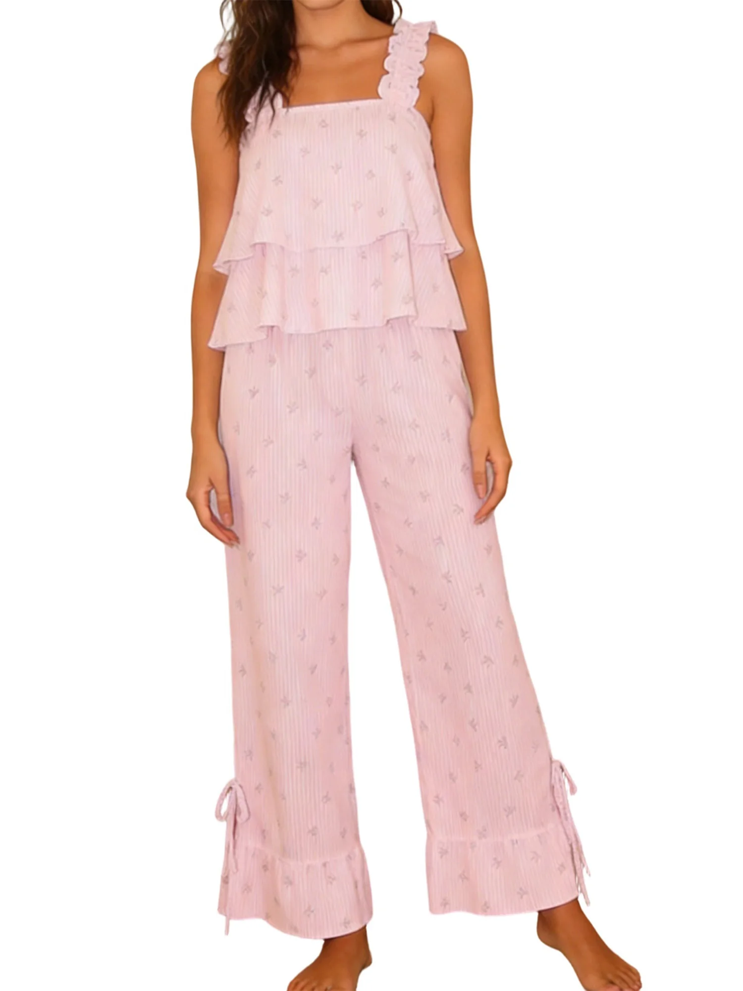 Women Pants Set Bow Striped Sleeveless Layered Camisole with Slit Pants Loose Summer Outfit
Women Pants Set Bow Striped Sleeveless Layered Camisole with Slit Pants Loose Summer Outfit