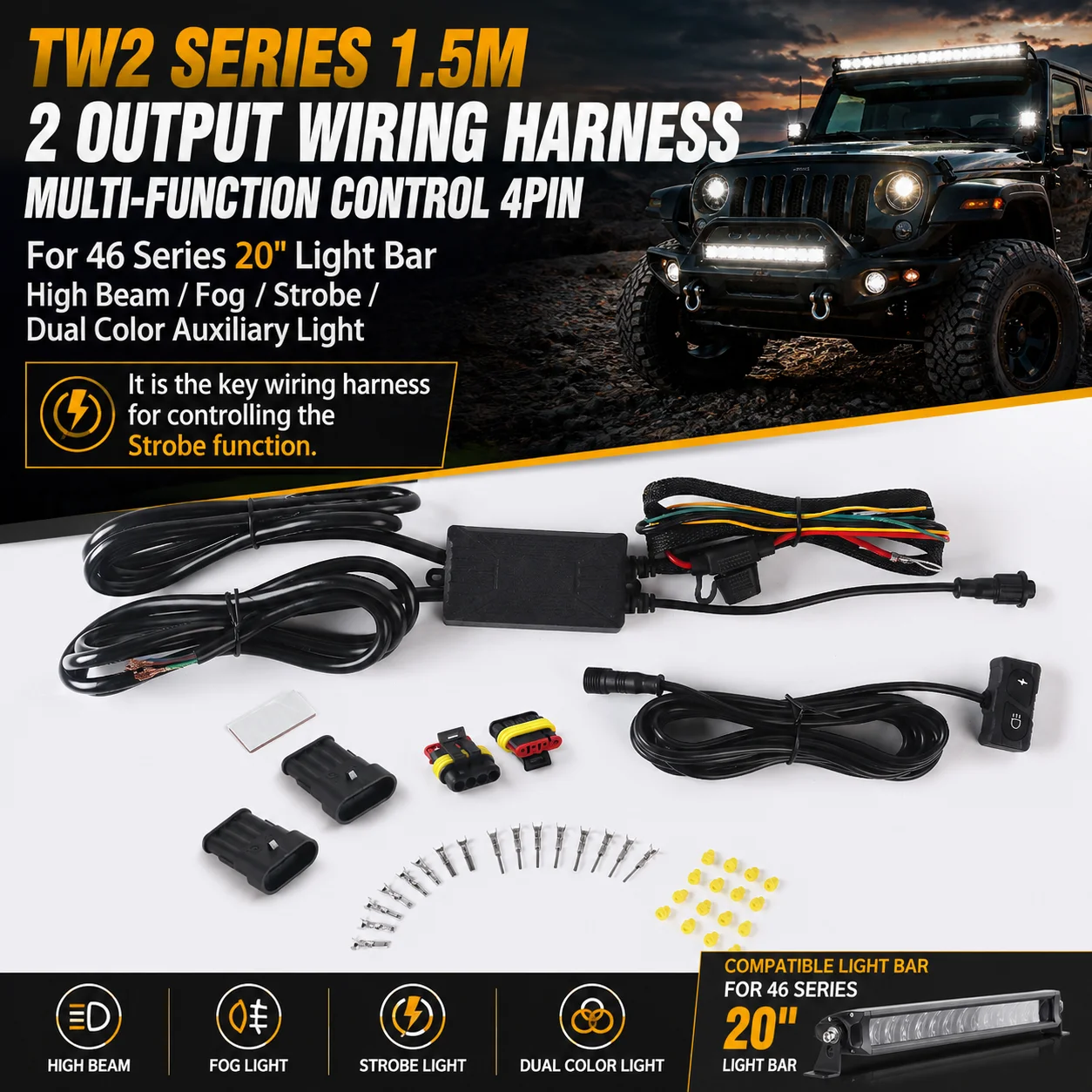OGA TW2 Series 1.5m 2 Output WiringHarness Multi-Function Control 4Pin For 46 Series 20"Light Bar HighBeam Fog Strobe Dual Color
OGA TW2 Series 1.5m 2 Output WiringHarness Multi-Function Control 4Pin For 46 Series 20"Light Bar HighBeam Fog Strobe Dual Color