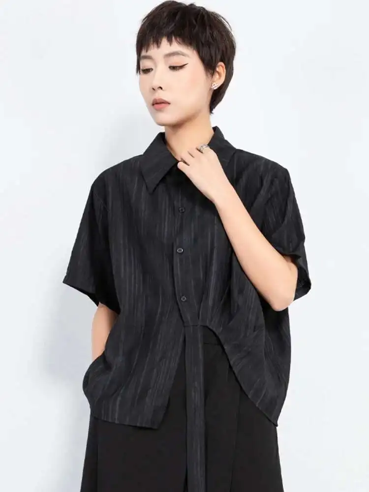 Women Black Striped Irregular Ribbon Big Size Blouse New Lapel Short Sleeve Shirt Fashion Tide Spring Summer
Women Black Striped Irregular Ribbon Big Size Blouse New Lapel Short Sleeve Shirt Fashion Tide Spring Summer