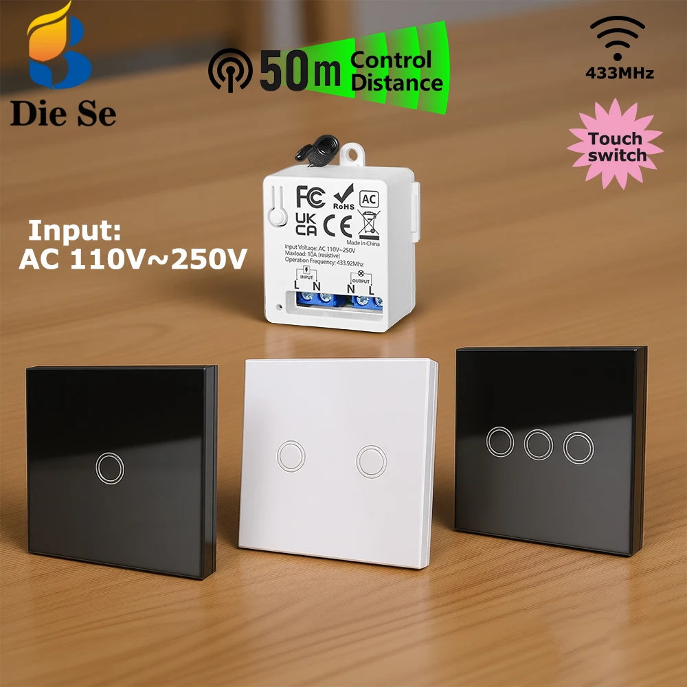 Diese 433MHz 86 Wireless Remote Control Touch Wall Light Switch and AC 110V~250V 10A Relay Receiver Interruptor for LED/Lamp
Diese 433MHz 86 Wireless Remote Control Touch Wall Light Switch and AC 110V~250V 10A Relay Receiver Interruptor for LED/Lamp