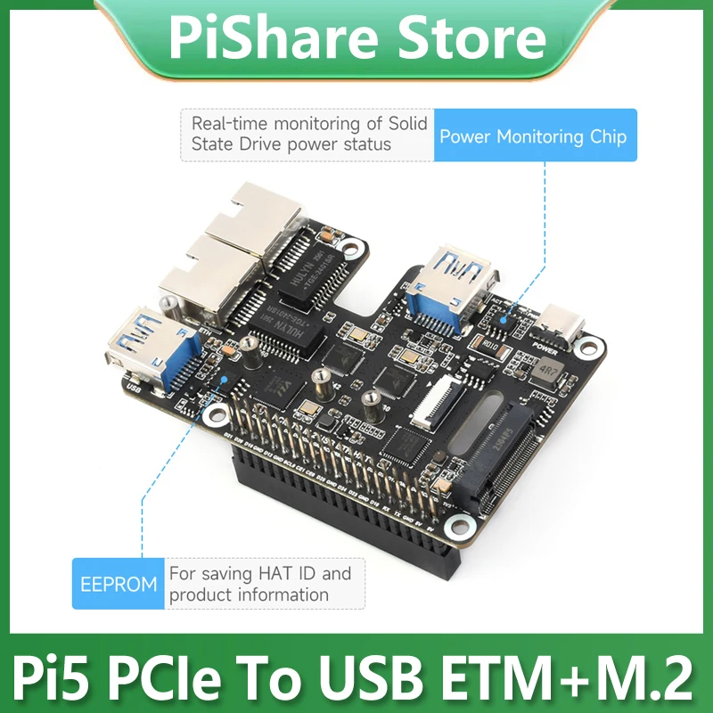 Raspberry Pi 5 PCIe to USB3.2 Gen1 HUB Expansion Card Double 2.5G ETH RJ45 and M.2 NVMe SSD PI5 Expansion board HAT+