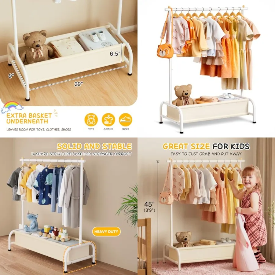 Kids Clothing Rack with Basket Small Dress Up Storage Short Toddler Dress Up Rack Kids Closet for Baby Clothes, White
Kids Clothing Rack with Basket Small Dress Up Storage Short Toddler Dress Up Rack Kids Closet for Baby Clothes, White