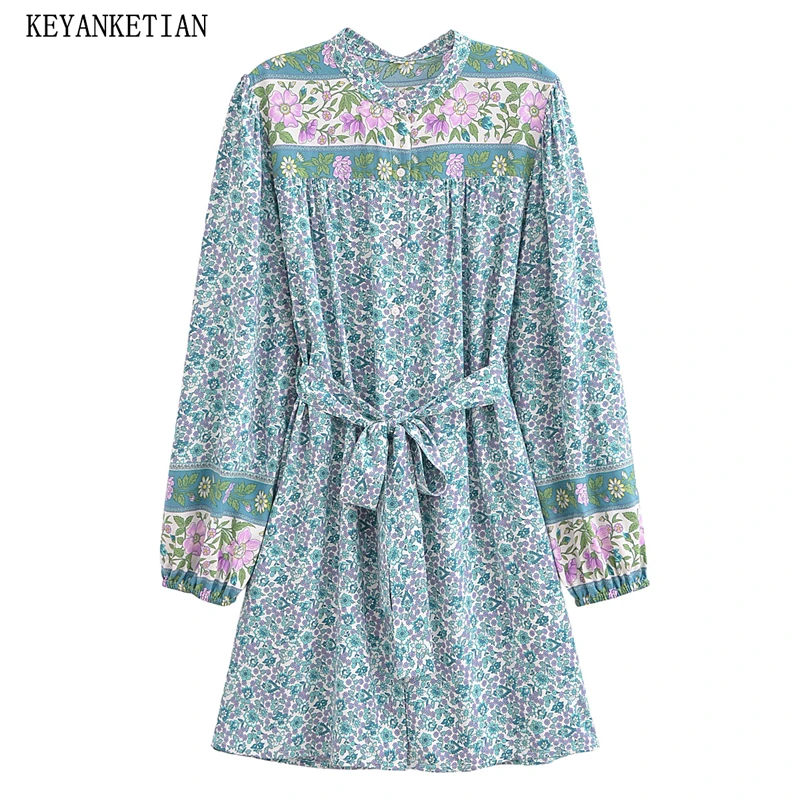 KEYANKETIAN Spring new women's vacation style long sleeved printed round neck lace up mid length dress casual loose beach skirt
KEYANKETIAN Spring new women's vacation style long sleeved printed round neck lace up mid length dress casual loose beach skirt