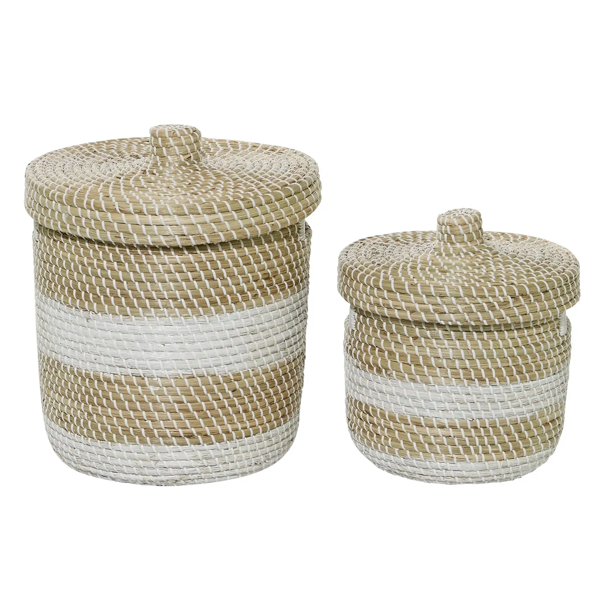 13, 17H Brown Seagrass Handmade Woven Two-Toned White Storage Basket with Linear Pattern and Matching Lids, 2 Pieces
13, 17H Brown Seagrass Handmade Woven Two-Toned White Storage Basket with Linear Pattern and Matching Lids, 2 Pieces