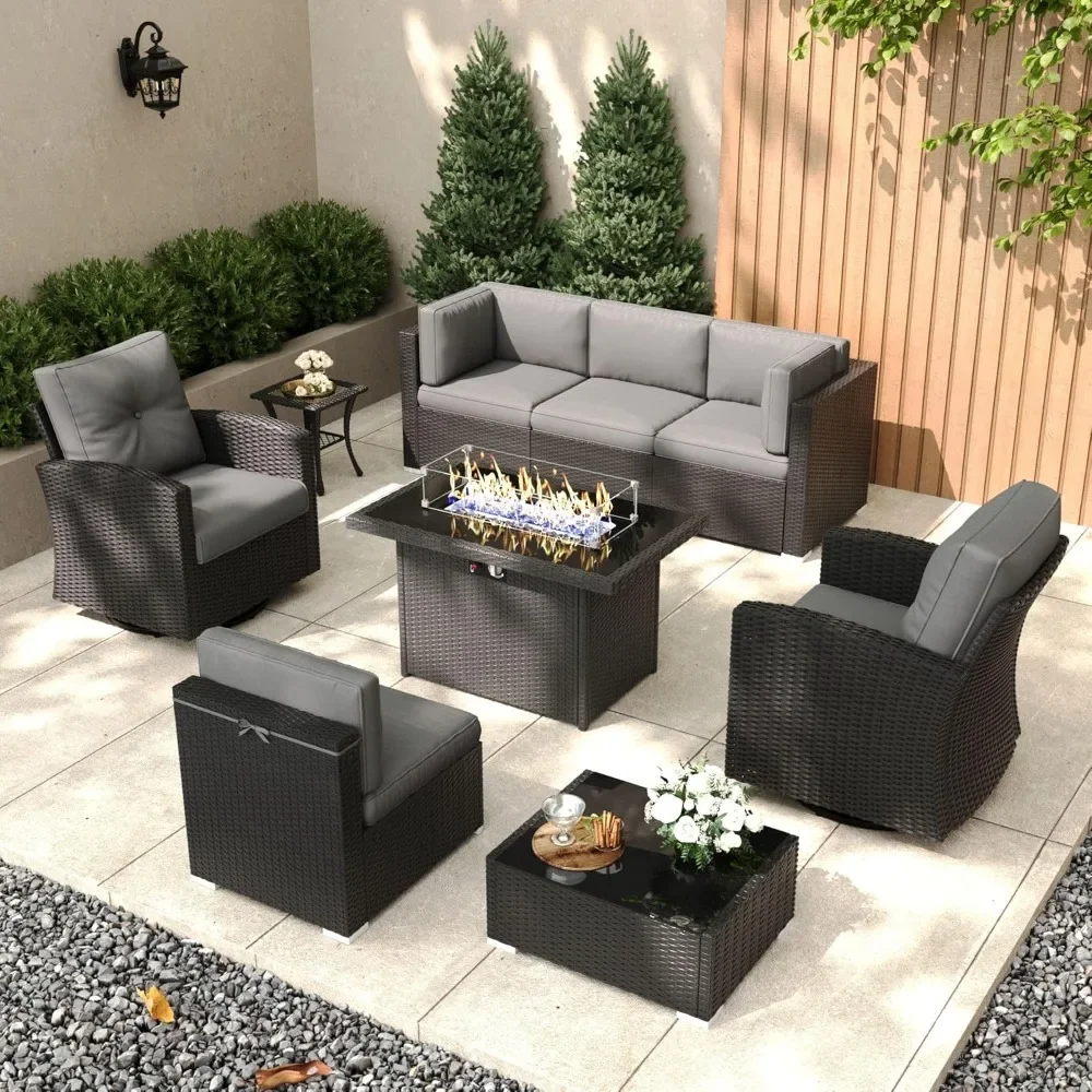 9-piece outdoor all-weather rattan conversation sofa set with fire pit table and 2 swivel chairs
9-piece outdoor all-weather rattan conversation sofa set with fire pit table and 2 swivel chairs
