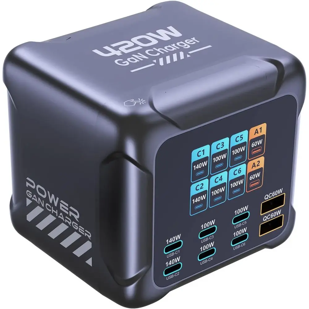8-Port GaN USB-C Charging Station with Touch and LCD, 6 USB-C Ports (2x140W, 4x100W) & 2 USB-A (60W) for Laptops, Phones, Tablet
8-Port GaN USB-C Charging Station with Touch and LCD, 6 USB-C Ports (2x140W, 4x100W) & 2 USB-A (60W) for Laptops, Phones, Tablet