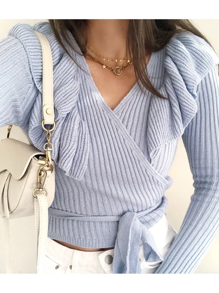 Simple Style Commuting Winter Clothe Woman Pull Femme Casual Sexy Slim Leace-up Solid Color Ruffles All-match V-link Temperament 
Simple Style Commuting Winter Clothe Woman Pull Femme Casual Sexy Slim Leace-up Solid Color Ruffles All-match V-link Temperament