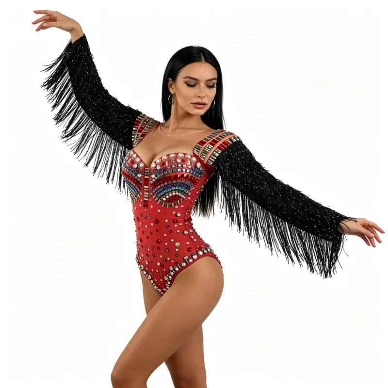 Women's Slim Sexy Pearl Crystals Bodysuit Colorful Tight Fit Black Tassel Sleeve DJ Singer Nightclub Jazz Dance Stage Costume
Women's Slim Sexy Pearl Crystals Bodysuit Colorful Tight Fit Black Tassel Sleeve DJ Singer Nightclub Jazz Dance Stage Costume
