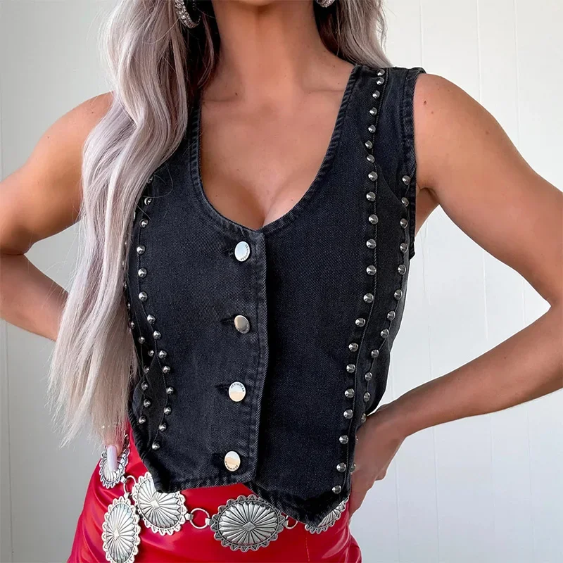 CPSYMYM Y2K Rivet Denim Women's Vest Black Slim Sleeveless Single Breasted Cowboy Tank Top Female Summer Chic Lady Streetwear
CPSYMYM Y2K Rivet Denim Women's Vest Black Slim Sleeveless Single Breasted Cowboy Tank Top Female Summer Chic Lady Streetwear
