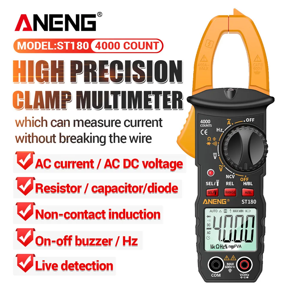 ANENG ST180 high-precision clamp meter on/off buzzer diode test for 15 minutes automatic shutdown electrician maintenance tool
ANENG ST180 high-precision clamp meter on/off buzzer diode test for 15 minutes automatic shutdown electrician maintenance tool