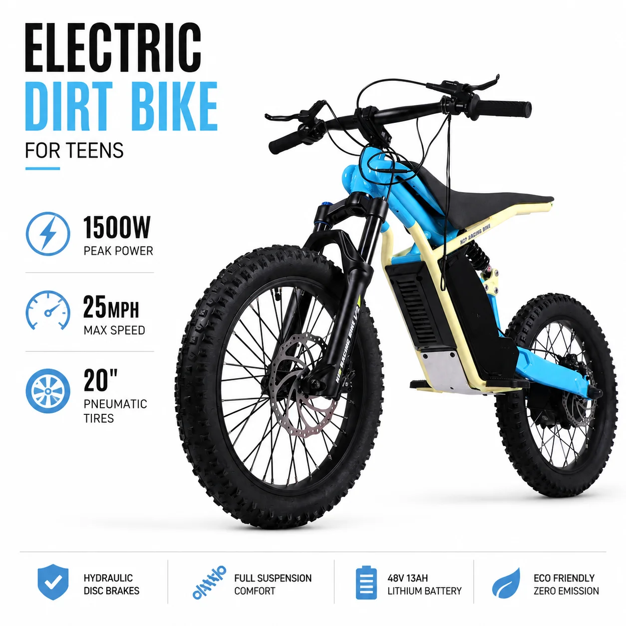 FREEBOY Premium 1500W Electric Dirt Bike for Teens Professional Off-Road E-Bike 25MPH Full Suspension Hydraulic Brakes
FREEBOY Premium 1500W Electric Dirt Bike for Teens Professional Off-Road E-Bike 25MPH Full Suspension Hydraulic Brakes
