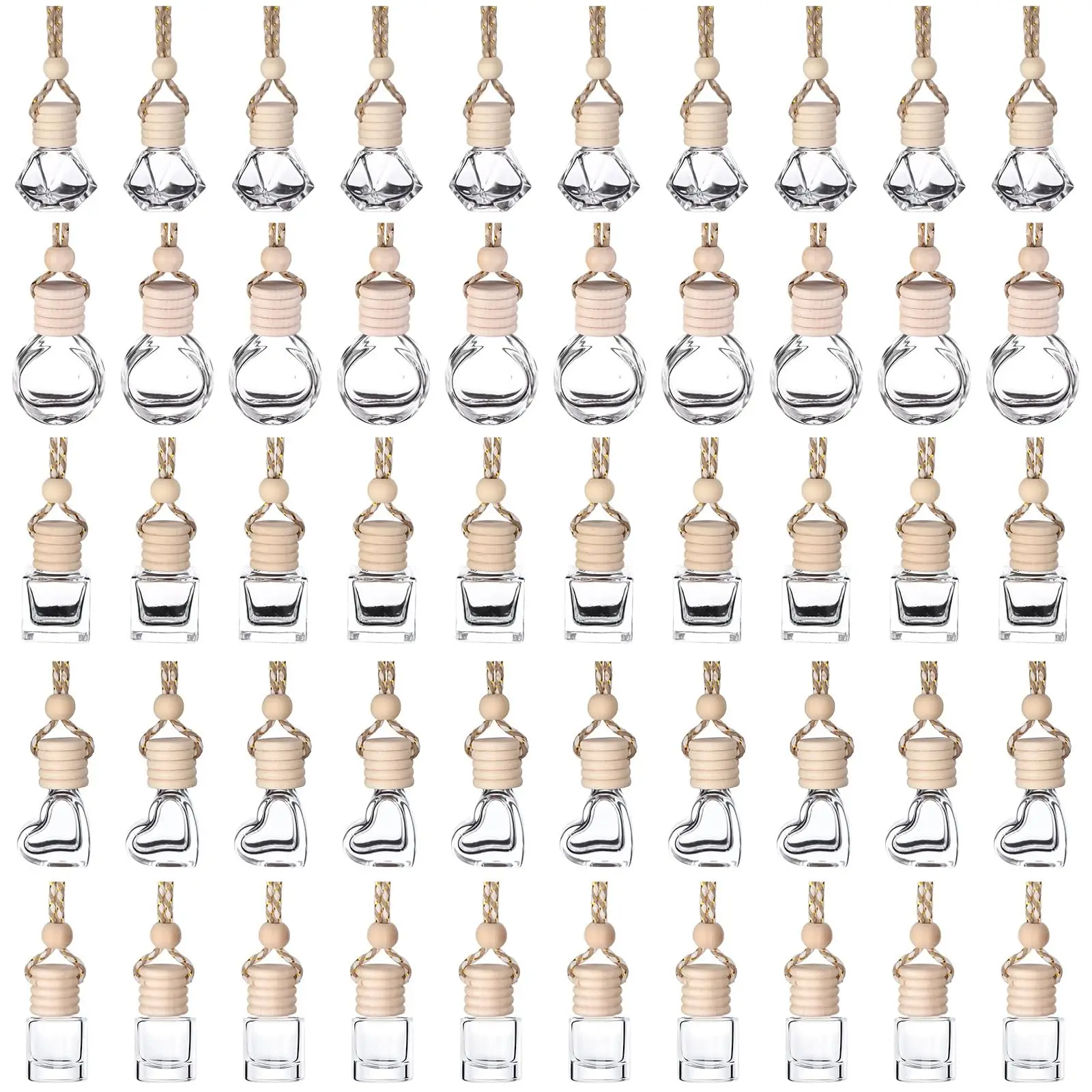 50Pcs Assorted Shape 6ml & 8ml Clear Glass Hanging Car Diffusers With Wooden Stopper For Essential Oil Aromatherapy
50Pcs Assorted Shape 6ml & 8ml Clear Glass Hanging Car Diffusers With Wooden Stopper For Essential Oil Aromatherapy